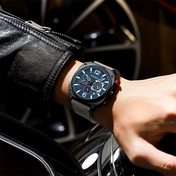 Men's Casual Stainless Steel Quartz Watch With Genuine Leather Strap And Round Dial