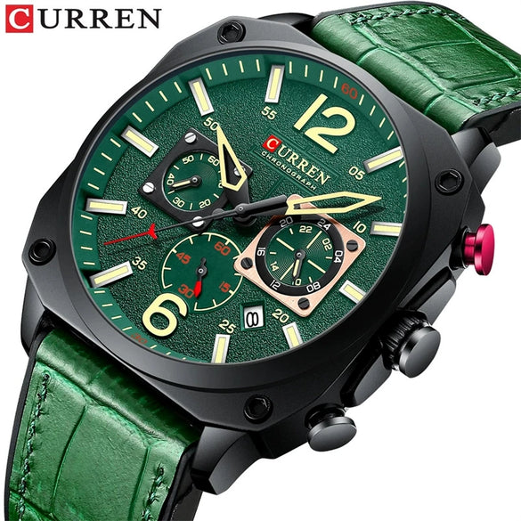 Men's Casual Stainless Steel Quartz Watch With Genuine Leather Strap And Round Dial