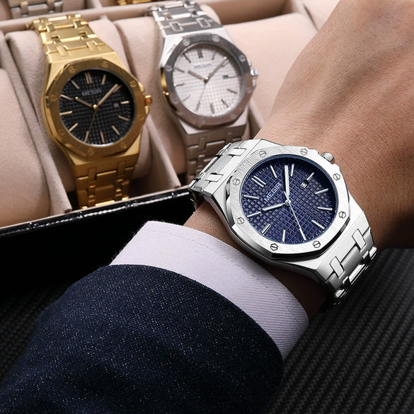 Men's Classic Business Alloy Case Stainless Steel Band Round Dial Waterproof Luminous Calendar Watch