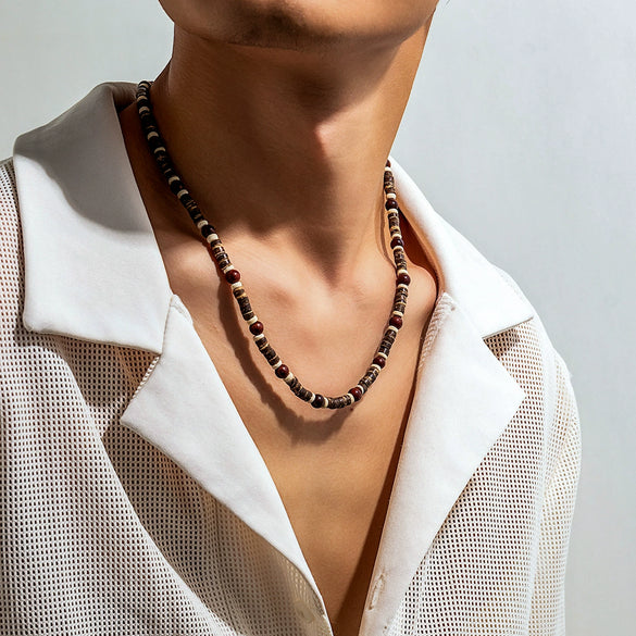 Men's Clavicle Chain Bohemian Style Handmade Wooden Beads Geometric Design