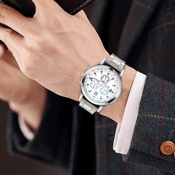Men's Colorful Blue Light Glass Quartz Watch With Three Eye Design And Stainless Steel Band