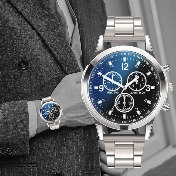Men's Colorful Blue Light Glass Quartz Watch With Three Eye Design And Stainless Steel Band