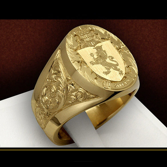 Men's Copper Plated Gold Ring With Lion Shield Badge Sculpture And Animal Zodiac Pattern