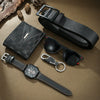 Men's Double Layer Square Alloy Case Imitation Leather Strap Stainless Steel Clasp Sports Watch Belt Set