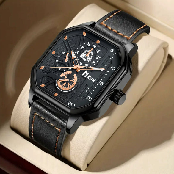 Men's Double Layer Square Alloy Case Imitation Leather Strap Stainless Steel Clasp Sports Watch Belt Set