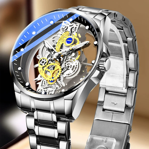 Men's Doublesided Transparent Hollow Automatic Mechanical And Luminous Quartz Waterproof Watch Stainless Steel