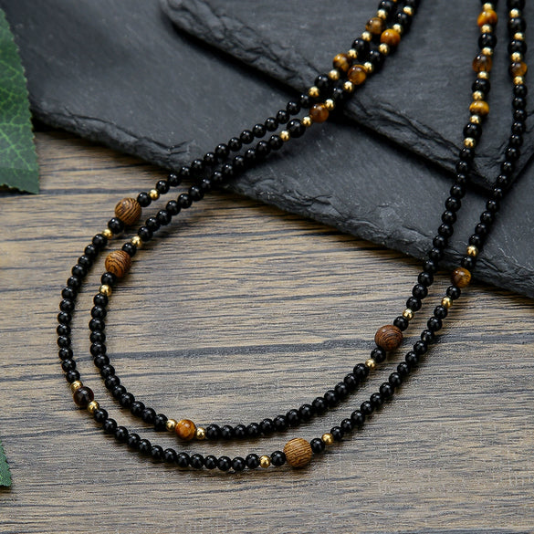 Men's Elastic Multistrand Handmade Bracelet Tiger Eye Black Onyx Wooden Bead Geometric Style