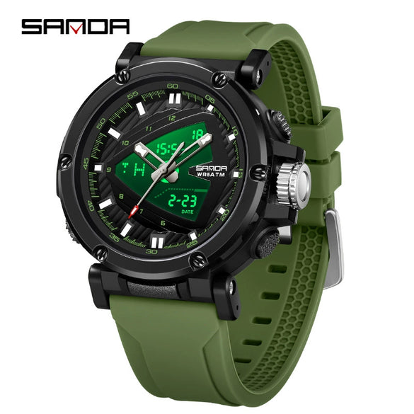Men's Electronic Quartz Sports Waterproof Alarm Clock Watch Round Dial Alloy Case Silicone Strap Simple Style