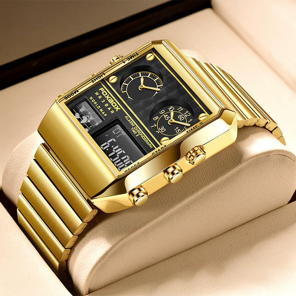 Men's Electronic Quartz Watch Alloy Case Stainless Steel Strap Square Dial Multifunctional Sports Waterproof