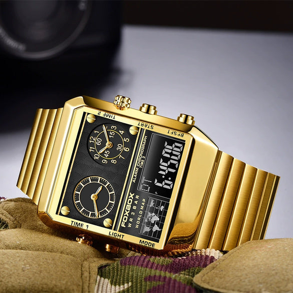 Men's Electronic Quartz Watch Alloy Case Stainless Steel Strap Square Dial Multifunctional Sports Waterproof