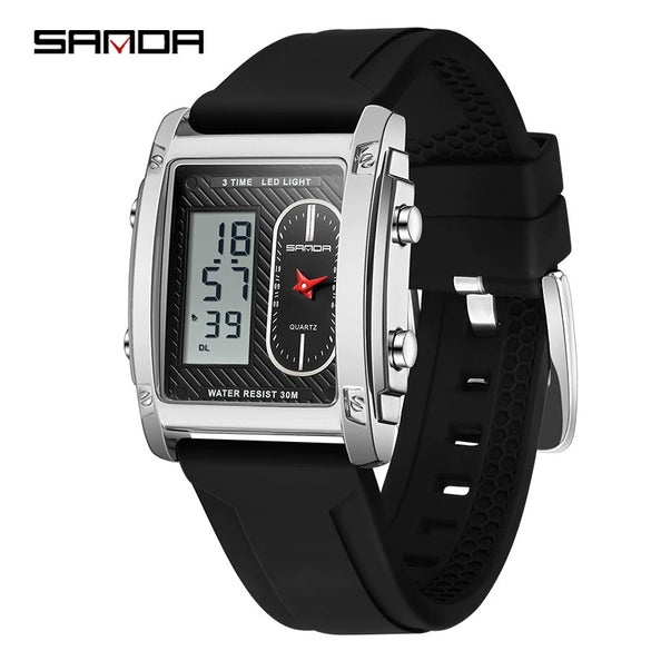 Men's Electronic Quartz Watch Square Alloy Alloy Case Silicone Strap Light Luxury Style Waterproof Multifunctional Dual Display