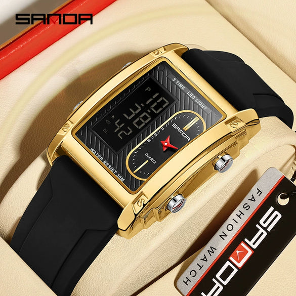 Men's Electronic Quartz Watch Square Alloy Alloy Case Silicone Strap Light Luxury Style Waterproof Multifunctional Dual Display