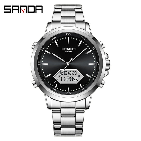 Men's Electronic Watch Waterproof Multifunction Simple Style Zinc Alloy Case Steel Belt Round Dial