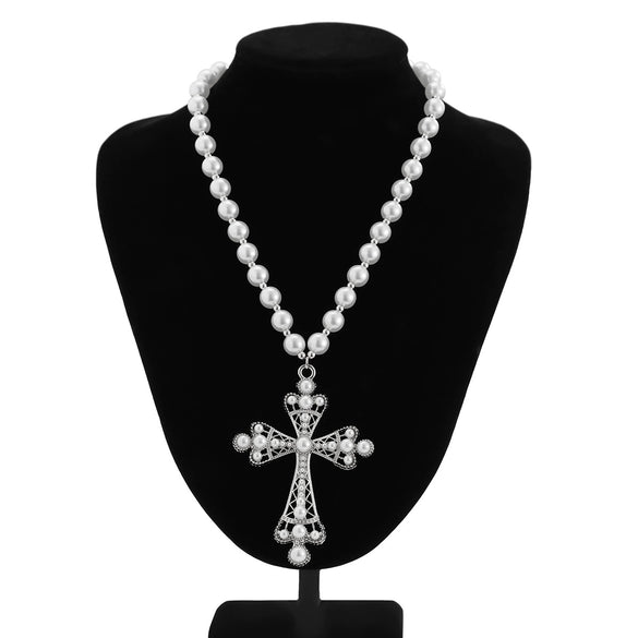 Men's Exaggerated Retro Fashion Geometric Cross Pendant Necklace Handmade With Imitation Pearls And Alloy