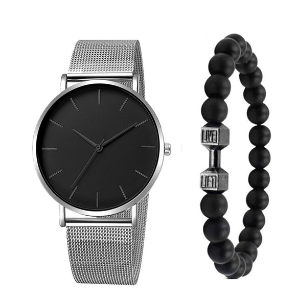 Men's Fashion Alloy Beaded Bracelet With Round Dial