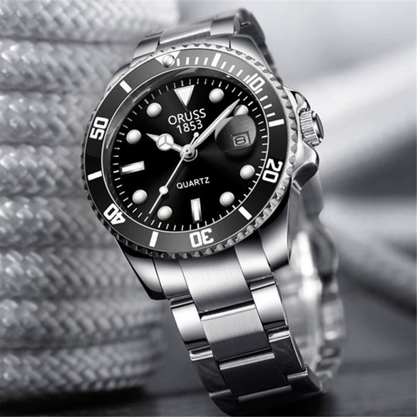 Men's Fashion Automatic Movement Watch With Rotating Outer Ring Stainless Steel Strap Round Dial Waterproof