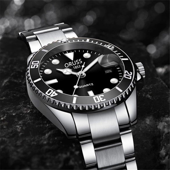 Men's Fashion Automatic Movement Watch With Rotating Outer Ring Stainless Steel Strap Round Dial Waterproof