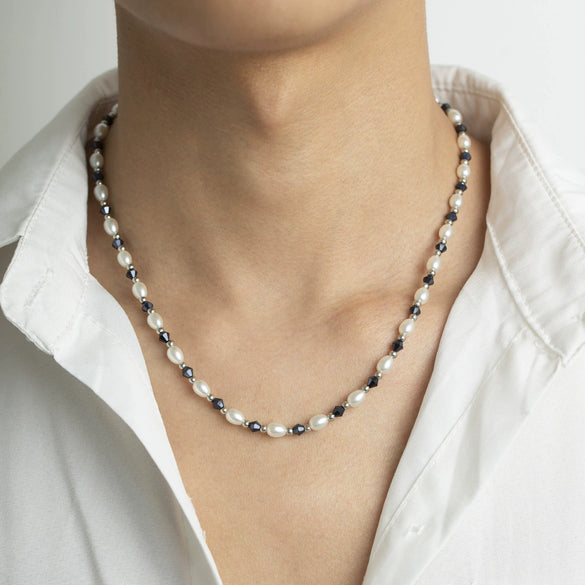 Men's Fashion Black Geometric Imitation Pearl Clavicle Chain Necklace Handmade