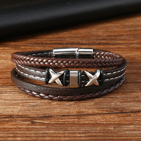 Men's Fashion Braided Leather Bracelet With Alloy Magnetic Buckle And Letter Pattern