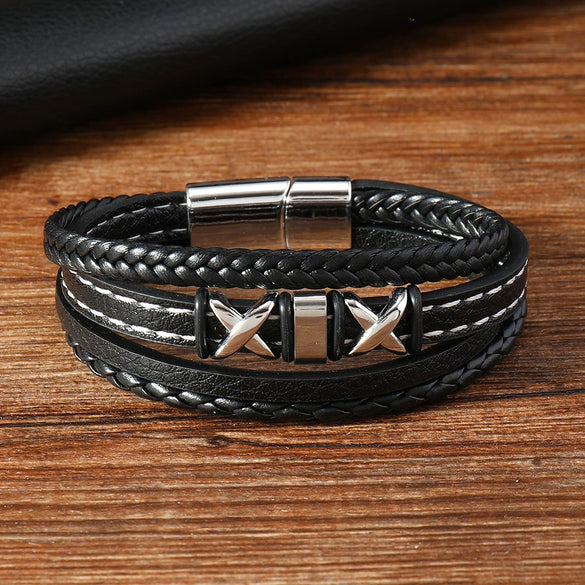Men's Fashion Braided Leather Bracelet With Alloy Magnetic Buckle And Letter Pattern