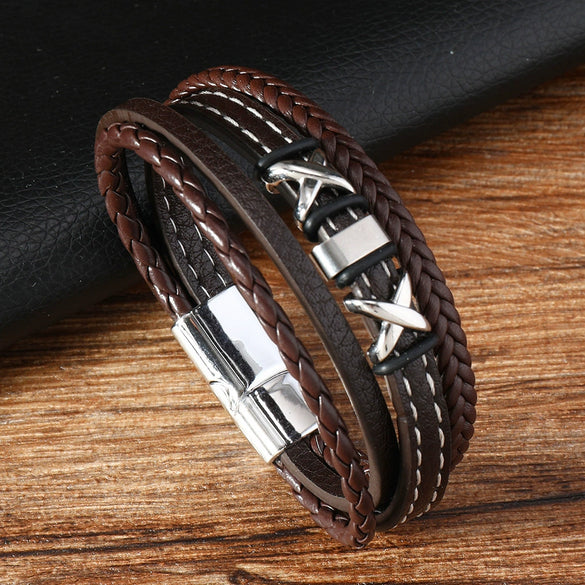 Men's Fashion Braided Leather Bracelet With Alloy Magnetic Buckle And Letter Pattern