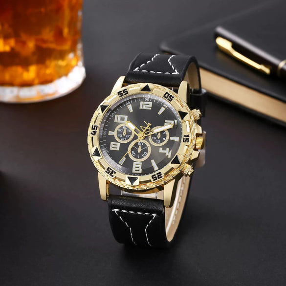 Men's Fashion Business Quartz Watch Metal Case Imitation Leather Strap Titanium Buckle Round Dial
