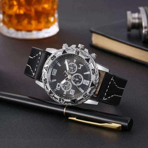 Men's Fashion Business Quartz Watch Metal Case Imitation Leather Strap Titanium Buckle Round Dial