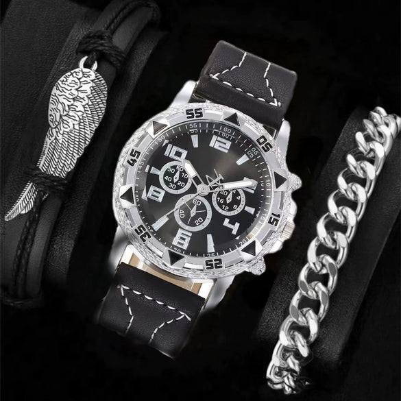 Men's Fashion Business Quartz Watch Metal Case Imitation Leather Strap Titanium Buckle Round Dial