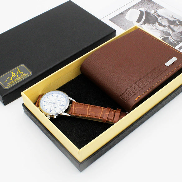 Men's Fashion Business Watch And Short Wallet Set Pu Strap Alloy Case Stainless Steel Clasp Round Dial