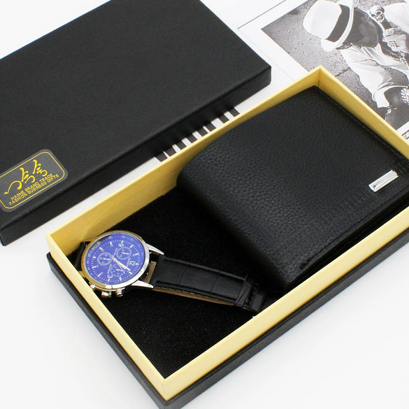 Men's Fashion Business Watch And Short Wallet Set Pu Strap Alloy Case Stainless Steel Clasp Round Dial