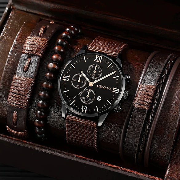 Men's Fashion Casual Alloy And Imitation Leather Quartz Watch With Round Dial And Stainless Steel Clasp