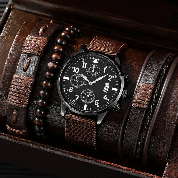 Men's Fashion Casual Alloy And Imitation Leather Quartz Watch With Round Dial And Stainless Steel Clasp