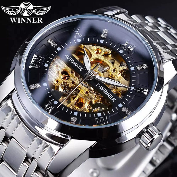 Men's Fashion Casual Hollow Automatic Mechanical Watch Alloy Case Mineral Reinforced Glass Mirror Round Dial