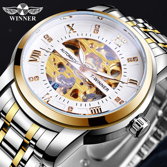 Men's Fashion Casual Hollow Automatic Mechanical Watch Alloy Case Mineral Reinforced Glass Mirror Round Dial