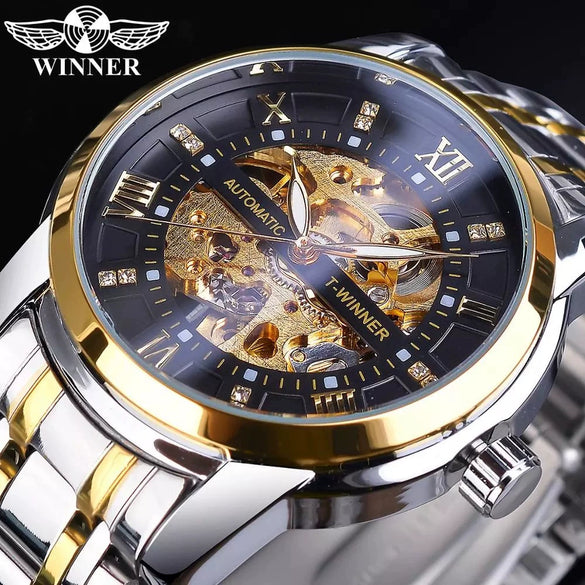 Men's Fashion Casual Hollow Automatic Mechanical Watch Alloy Case Mineral Reinforced Glass Mirror Round Dial
