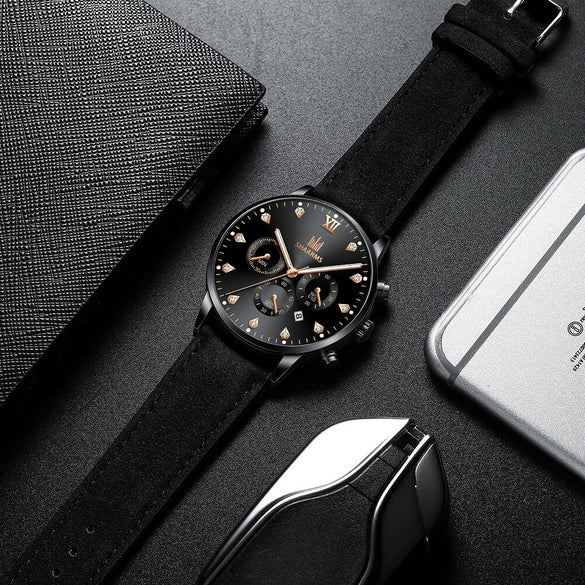 Men's Fashion Casual Quartz Watch With Round Dial Alloy Case Imitation Leather Strap And Stainless Steel Buckle