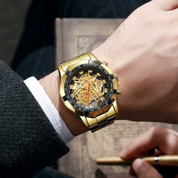 Men's Fashion Electroplating Tungsten Steel Alloy Leisure Automatic Imitation Mechanical Round Dial Watch