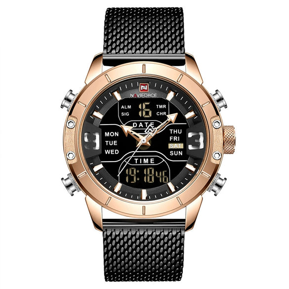 Men's Fashion Quartz Electronic Watch Stainless Steel Mesh Belt Round Dial Metal Case