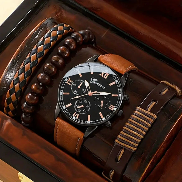 Men's Fashion Quartz Watch And Woven Bracelet Set Pu Strap Alloy Buckle Round Dial