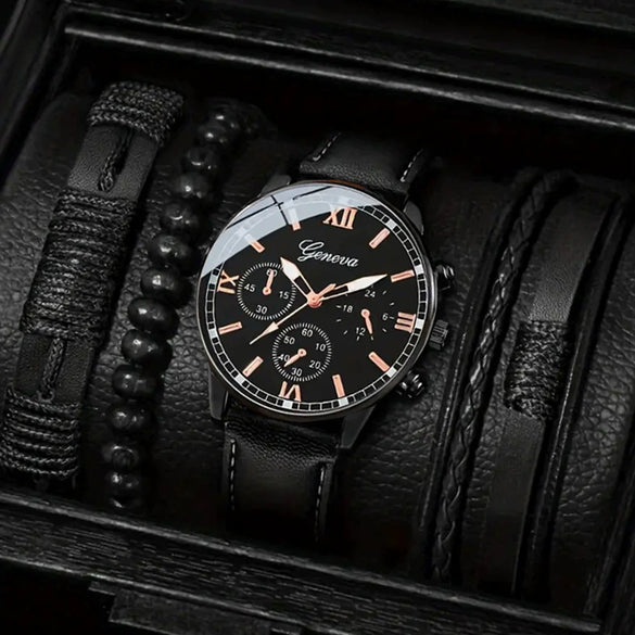 Men's Fashion Quartz Watch And Woven Bracelet Set Pu Strap Alloy Buckle Round Dial