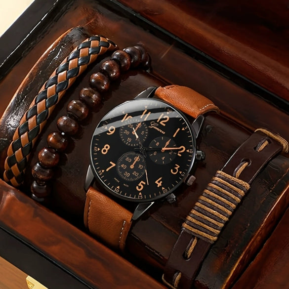 Men's Fashion Quartz Watch And Woven Bracelet Set Pu Strap Alloy Buckle Round Dial