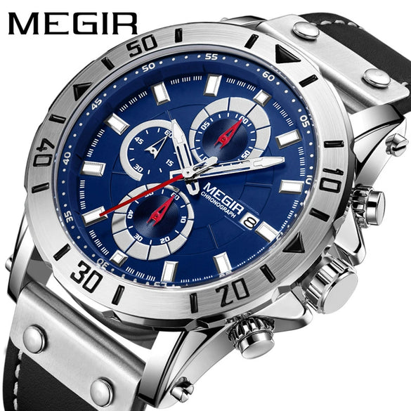 Men's Fashion Sports Watch Alloy Case Genuine Leather Strap Round Dial Threeeye Chronograph