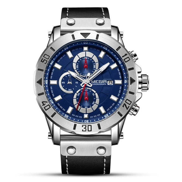 Men's Fashion Sports Watch Alloy Case Genuine Leather Strap Round Dial Threeeye Chronograph