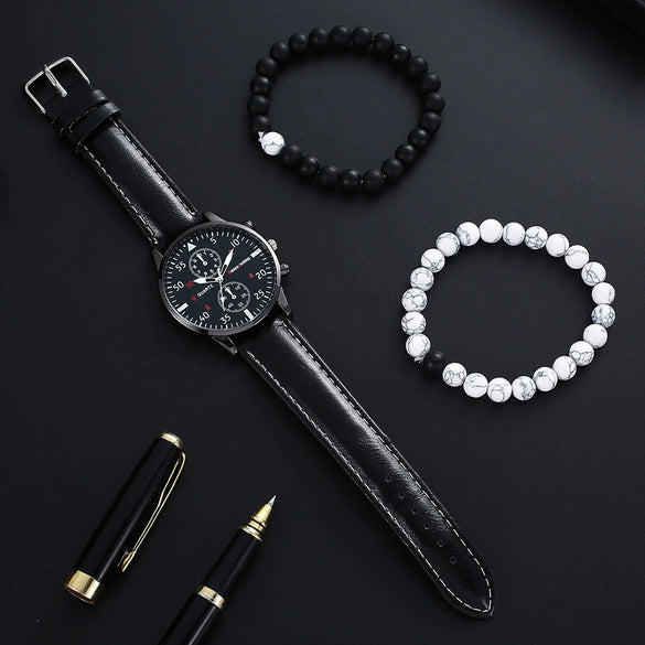 Men's Fashion Student Quartz Watch Set With Round Dial Stainless Steel Clasp And Imitation Leather Strap