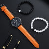 Men's Fashion Student Quartz Watch Set With Round Dial Stainless Steel Clasp And Imitation Leather Strap