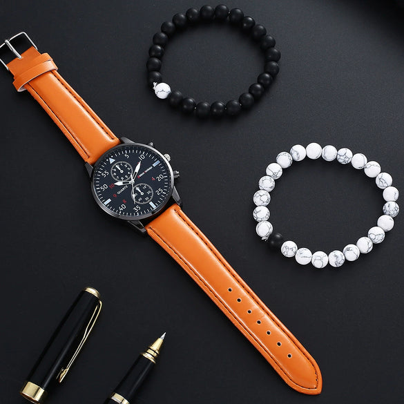 Men's Fashion Student Quartz Watch Set With Round Dial Stainless Steel Clasp And Imitation Leather Strap