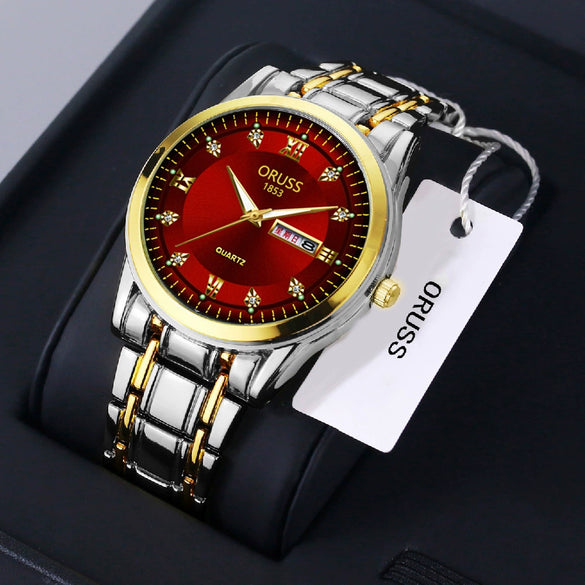 Men's Fashion Waterproof Alloy Band Quartz Watches With Double Calendar And Round Dial