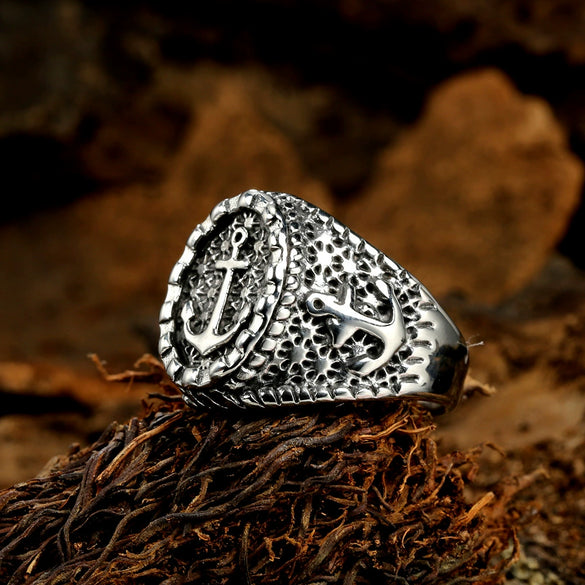 Men's Fashionable Exaggerated Anchor Cross Ring Hip Hop Jewelry Stainless Steel Geometric Polishing