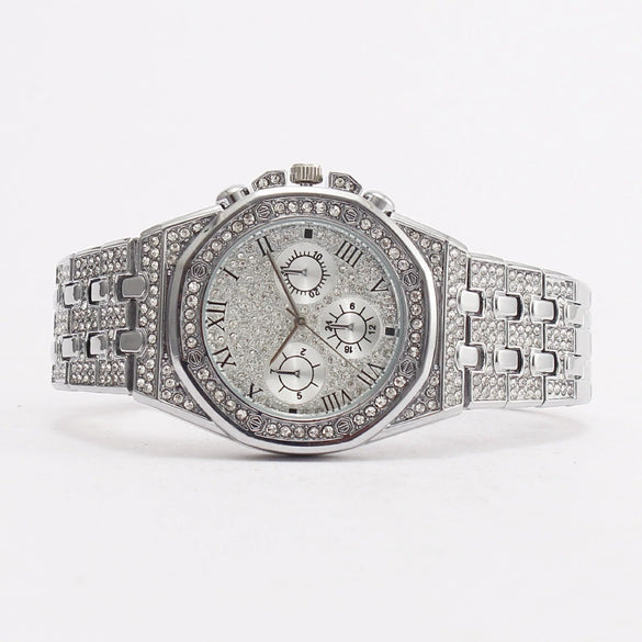 Men's Fashionable Steel Band Diamond Watch With Roman Numeral And Round Dial