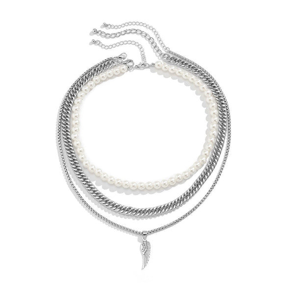 Men's Feather Pendant Multilayer Pearl Metal Alloy Necklace Retro Style